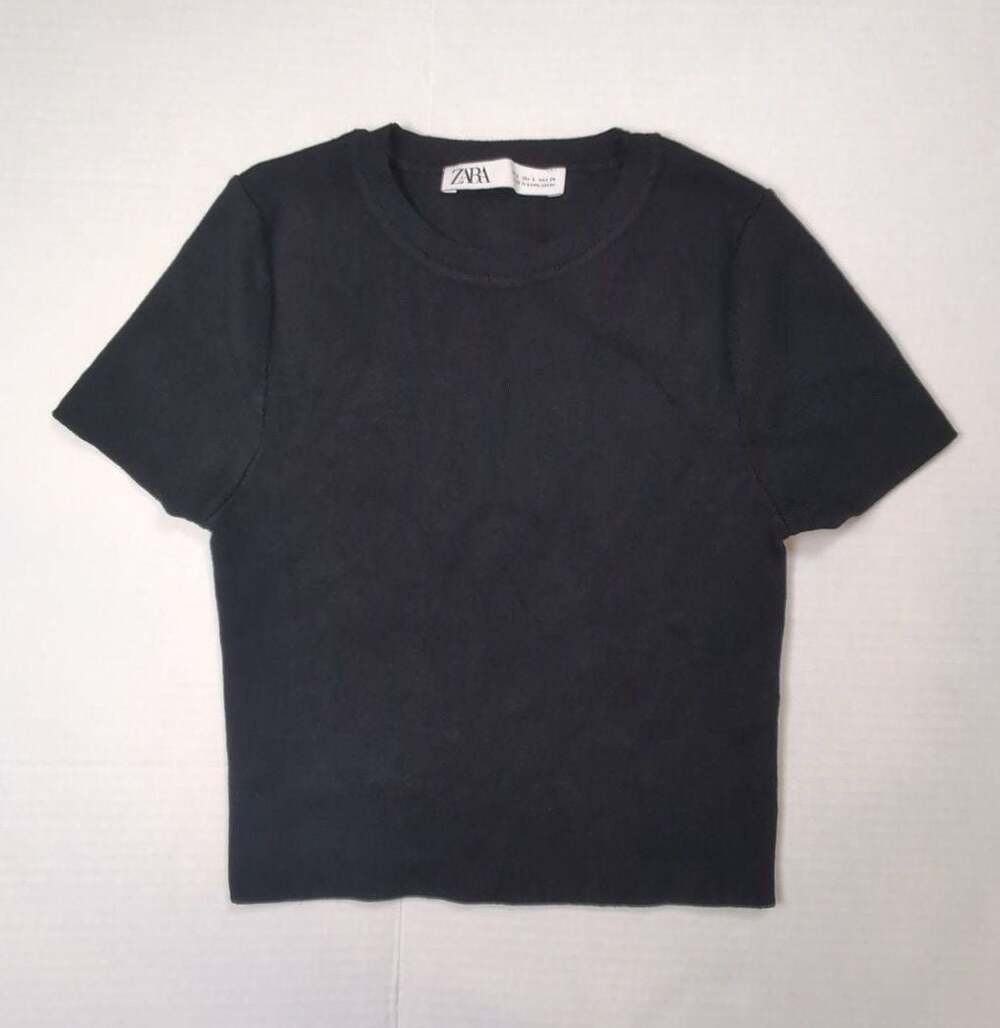 Zara Basic Black Short Sleeve Knit Cropped Top Size S
